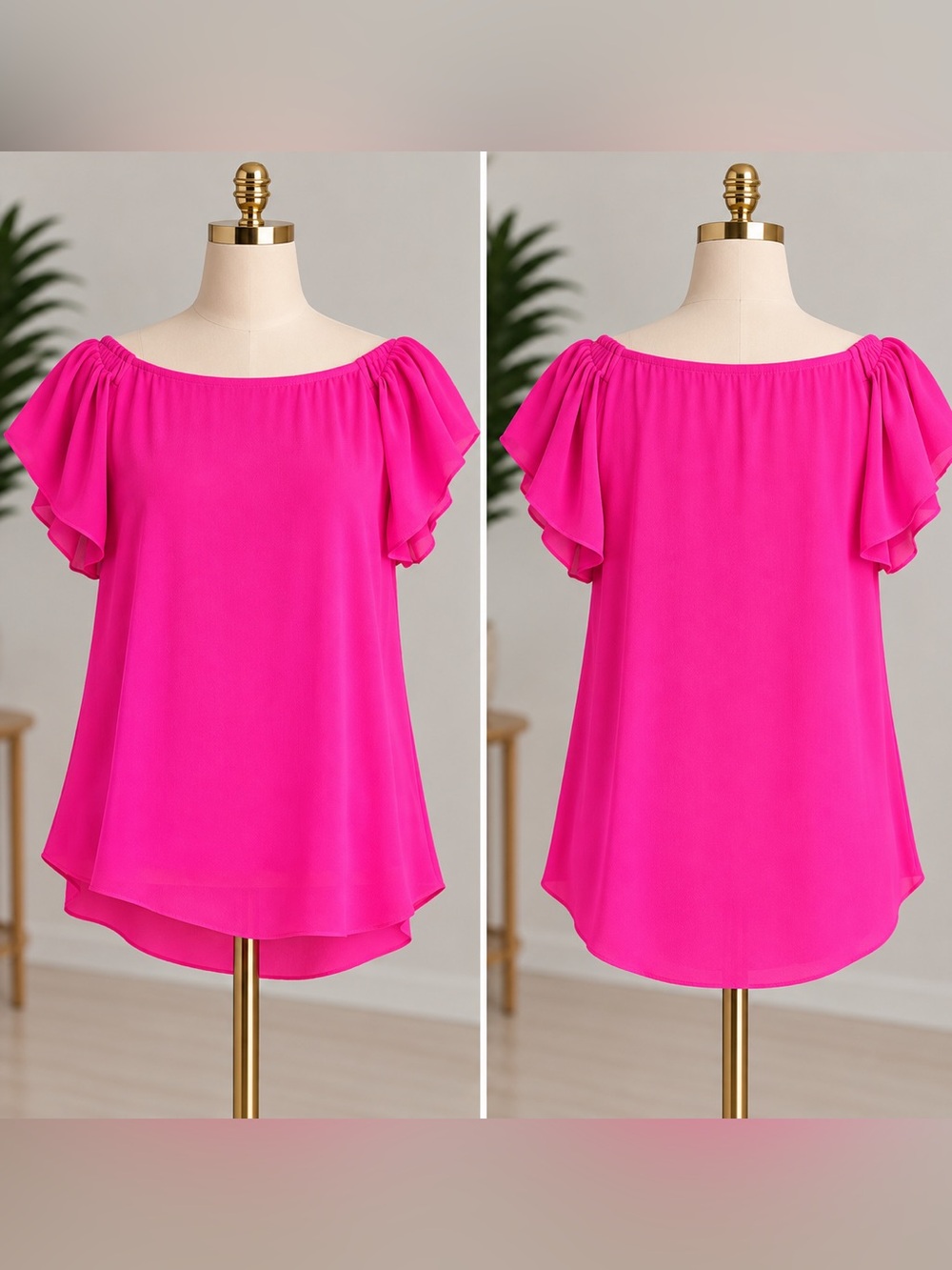 Gibson Latimer Pink Off-Shoulder Blouse L Flutter Sleeve